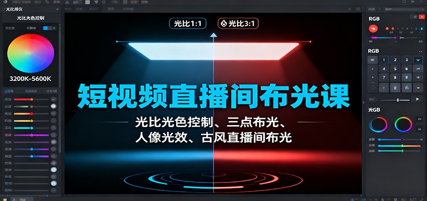 短视频直播间布光课:光比光色控制、三点布光、人像光效、古风直播间布光-摇钱树