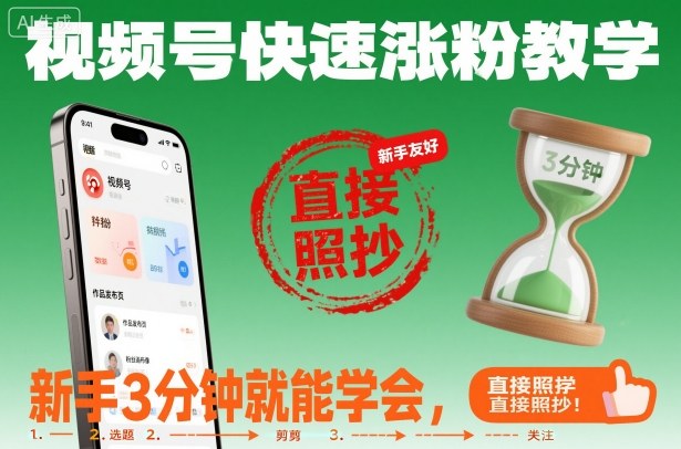 视频号快速涨粉教学，新手3分钟就能学会，直接照抄！-摇钱树